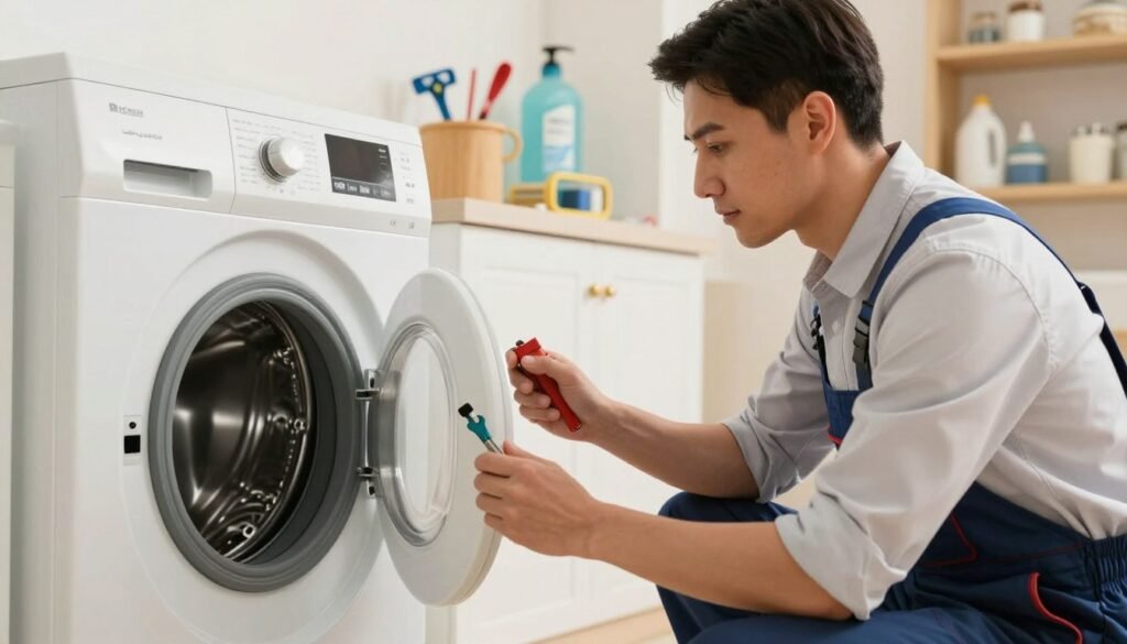 A professional technician repairing a washing machine in a well-lit, modern home setting. The foreground features the technician, a man in neat, modest casual clothing, intently focused on the washing machine, tools in hand. In the middle ground, the washing machine is partially opened with various parts visible, demonstrating an active repair process. The background showcases a clean, organized laundry area with shelves holding tools and laundry supplies. Soft, warm lighting illuminates the scene, creating a welcoming atmosphere. Emphasize the brand name "اليرموك فني غسالات" subtly on a service tool or uniform. Capture a sense of expertise and dedication to quality service, reflecting the comprehensive repair services offered.